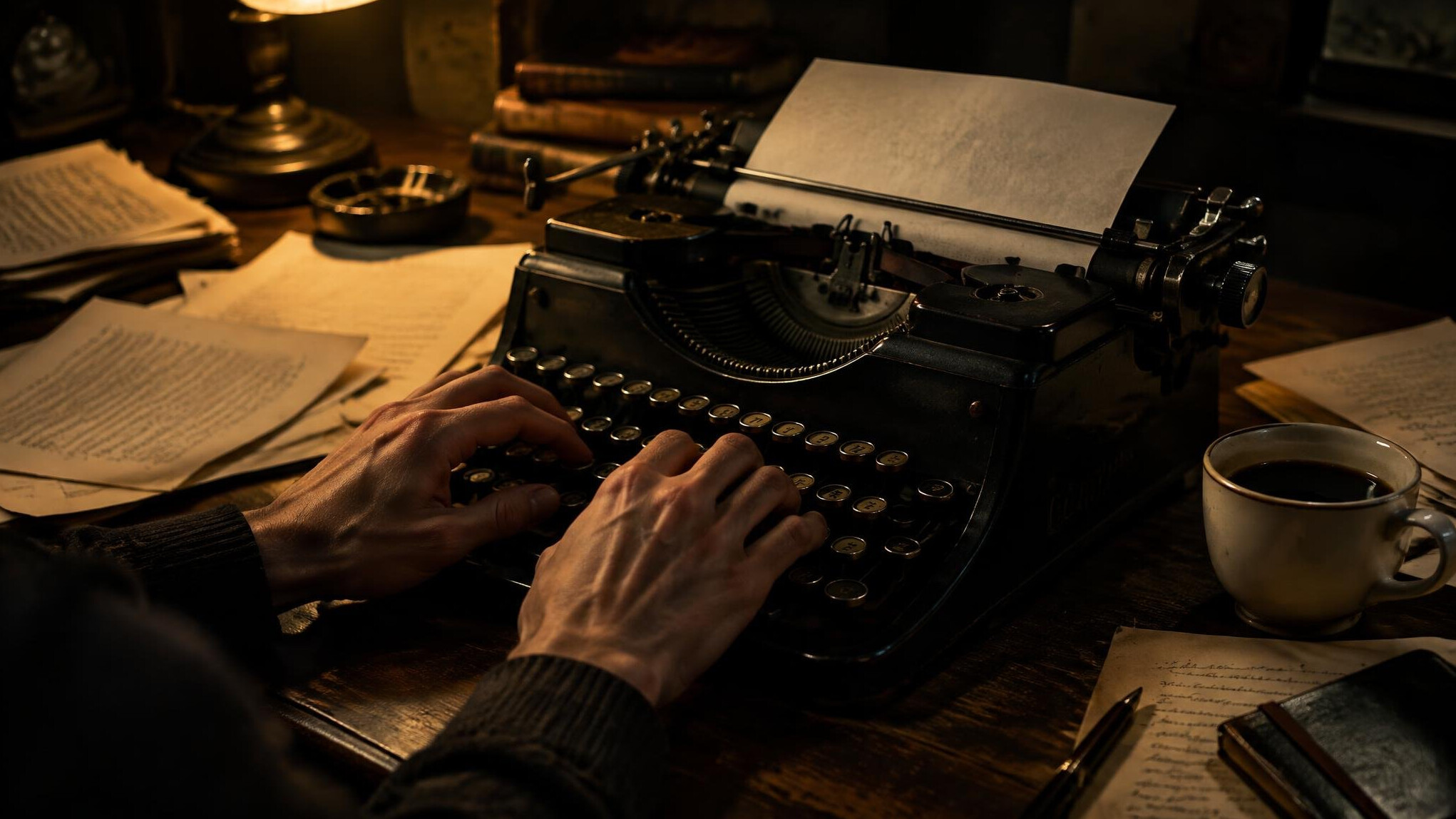 Close-up of hands typing on an old typewriter