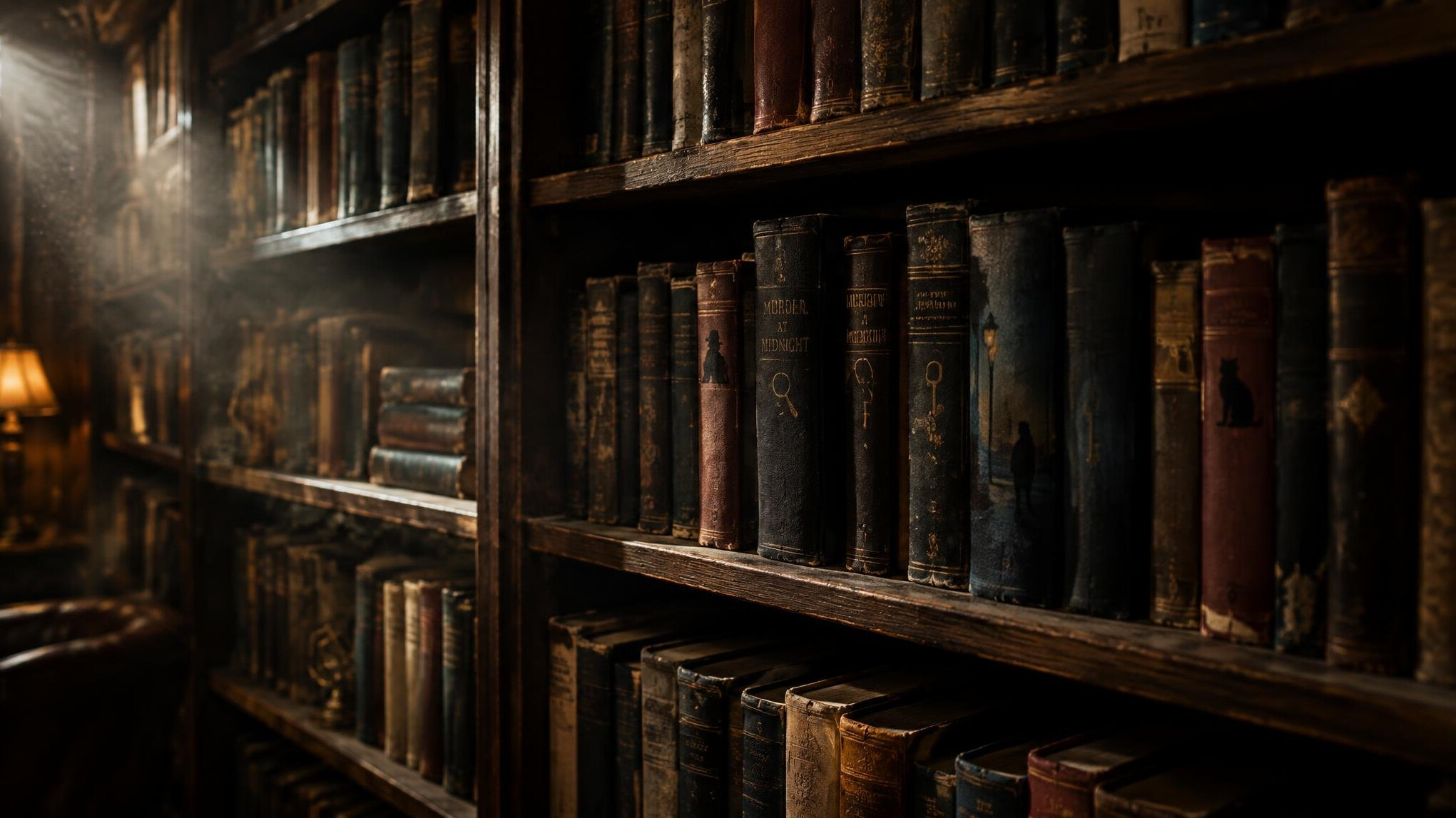 Old bookshelf filled with mystery novels in dim light