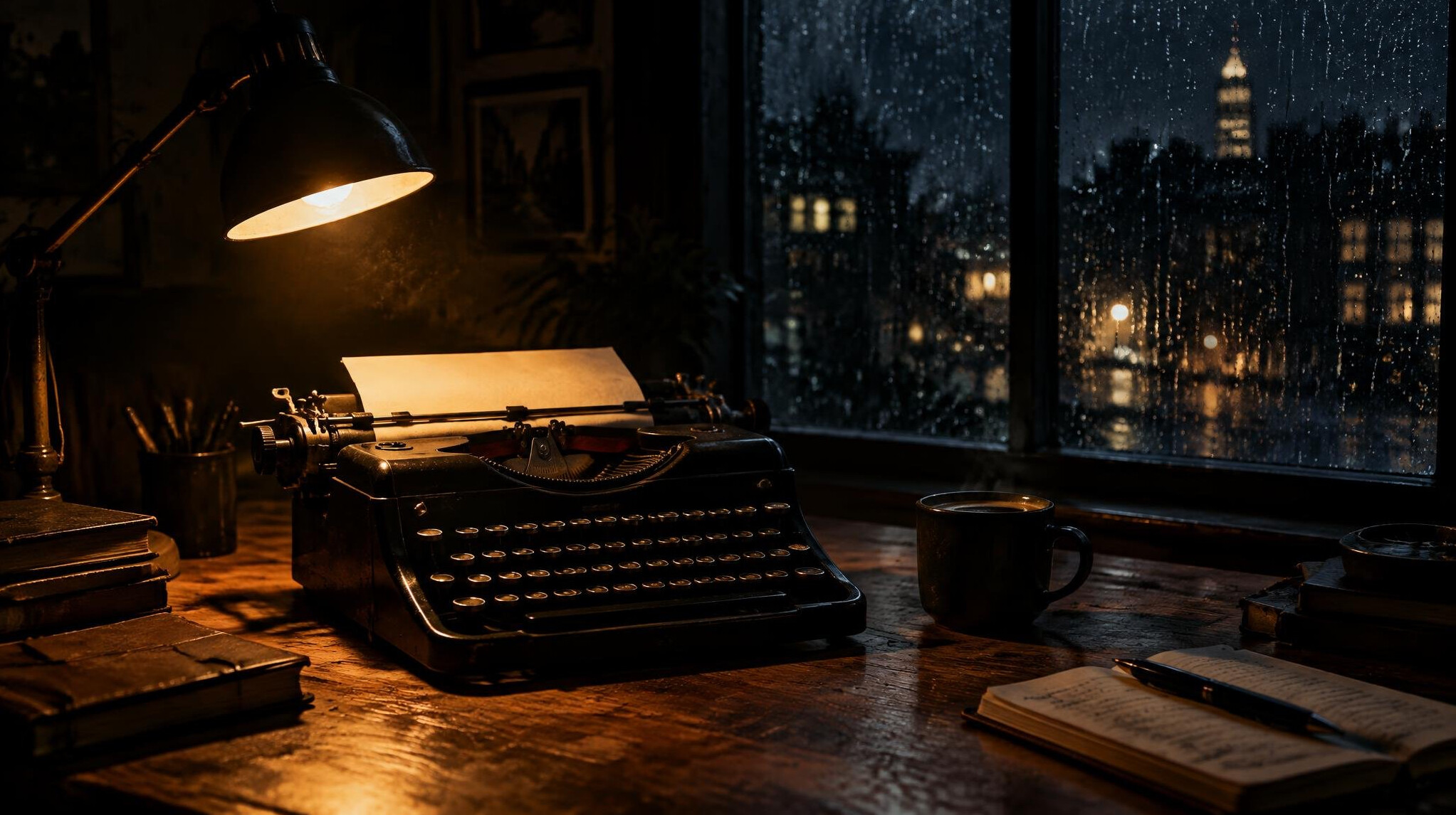 Moody writer's desk with typewriter and lamp at night