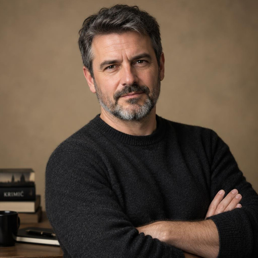 Croatian male crime novelist in his study